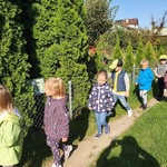 Dzieci idąc jedno za drugim oglądają ogródki dzia łkowe.JPG